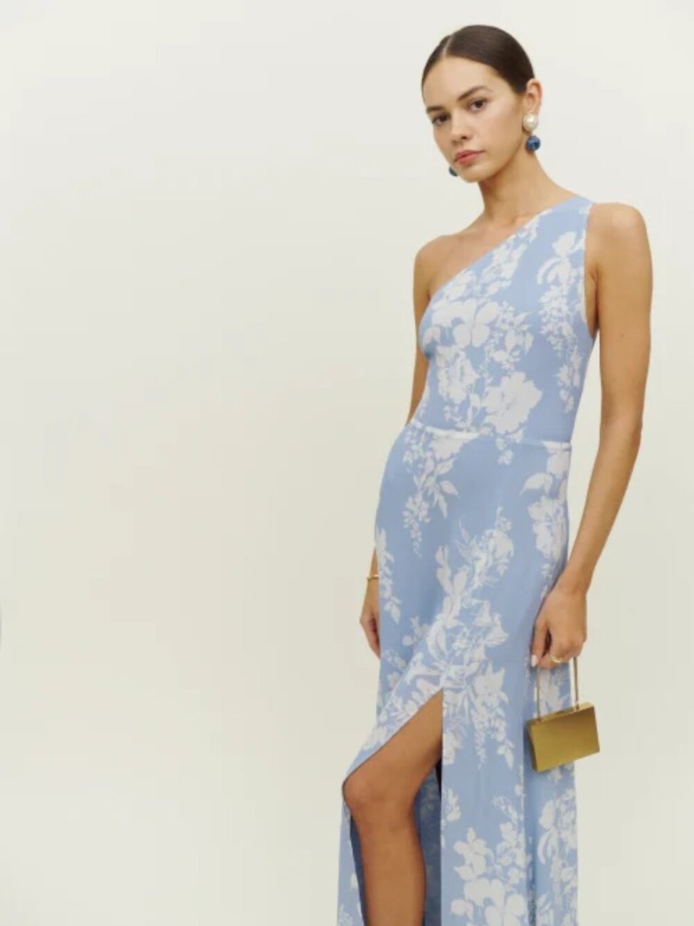 NWOT Reformation Evelyn Dress in Aliso White Blue Floral Maxi One Shoulder Gown